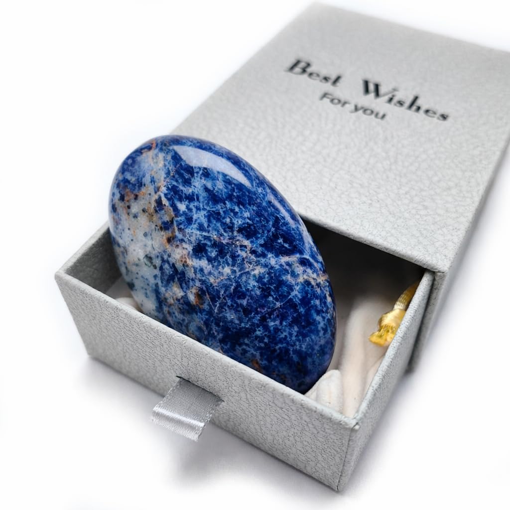 BEAUSIOO 2.4" Sodalite Palm Stone for Anxiety Relief, Healing Crystal for Meditation & Stress Relief, Polished Pocket Stone with Gift Box