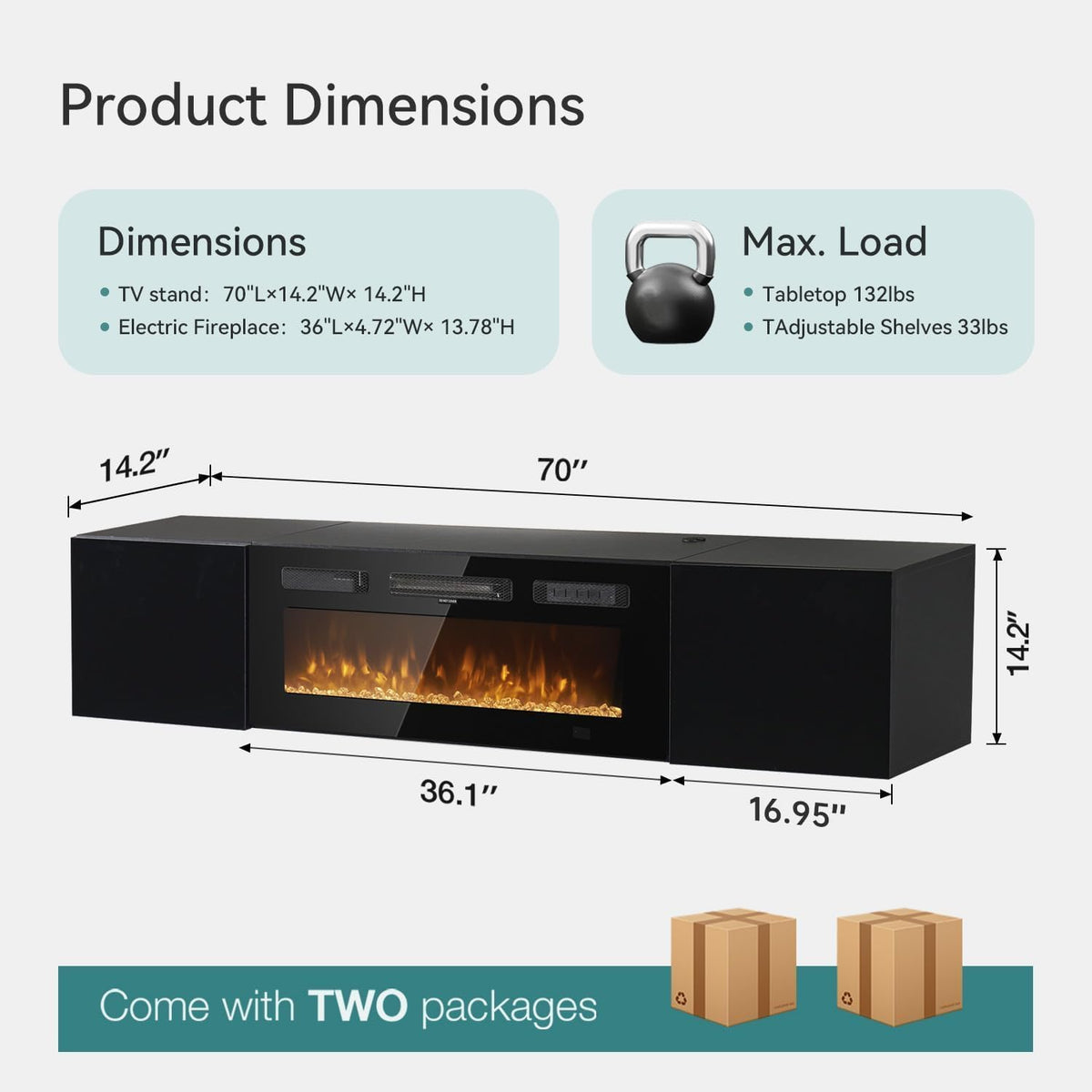 OneBlis 70'' Floating TV Stand with 36" Electric Fireplace, Wall Mounted Entertainment Center with Storage for TVs up to 80", Adjustable 12-Color LED Media TV Console for Living Room,All Black