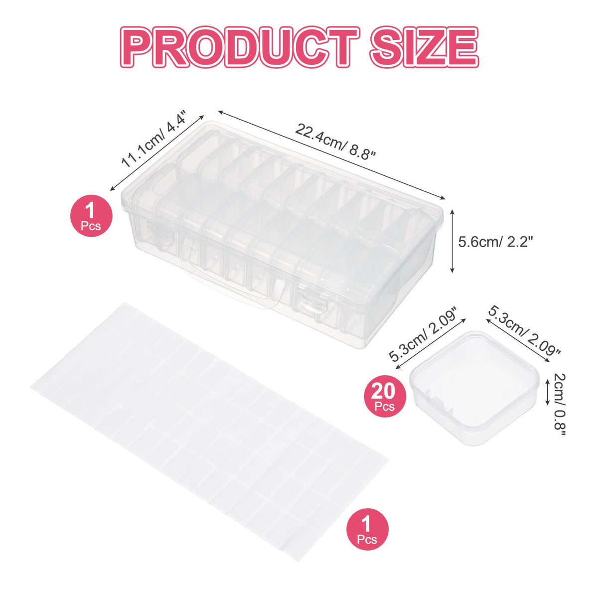 MECCANIXITY 20 Slots Diamond Art Storage Containers, Clear Plastic Diamond Art Painting Beads Organizer Case Accessories with Labels for Jewelry Nail Crafts Rhinestones 8.8x4.4x2.2inch