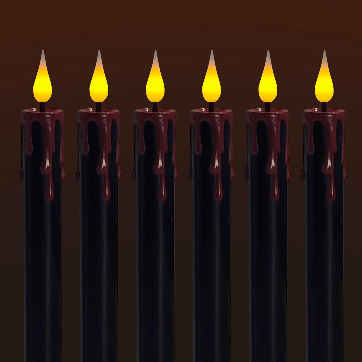 ODTRAM Flameless Taper Candles with 3D Flickering Effect Blood Dripping & 10-Key Remote，Taper Candles Battery Operated for Halloween Spooky Horror Home Decoration - Set of 6 Black(0.8" x 10")