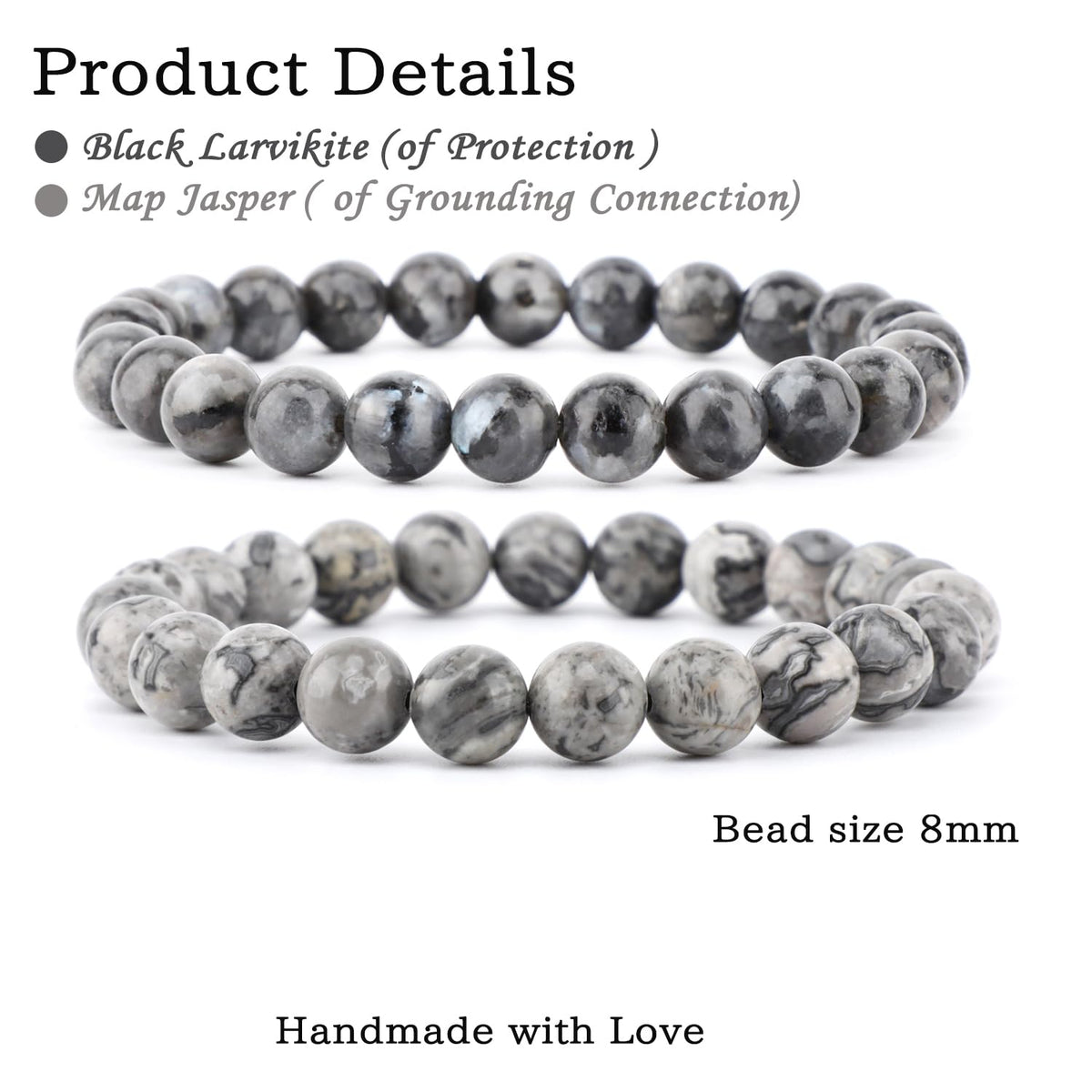 NCB 2-Piece 8mm Natural Crystal Gemstone Stretch Bracelets – ﻿Black Larvikite, Map Jasper Handmade Reiki Energy Healing Jewelry for Meditation,Yoga, Unisex