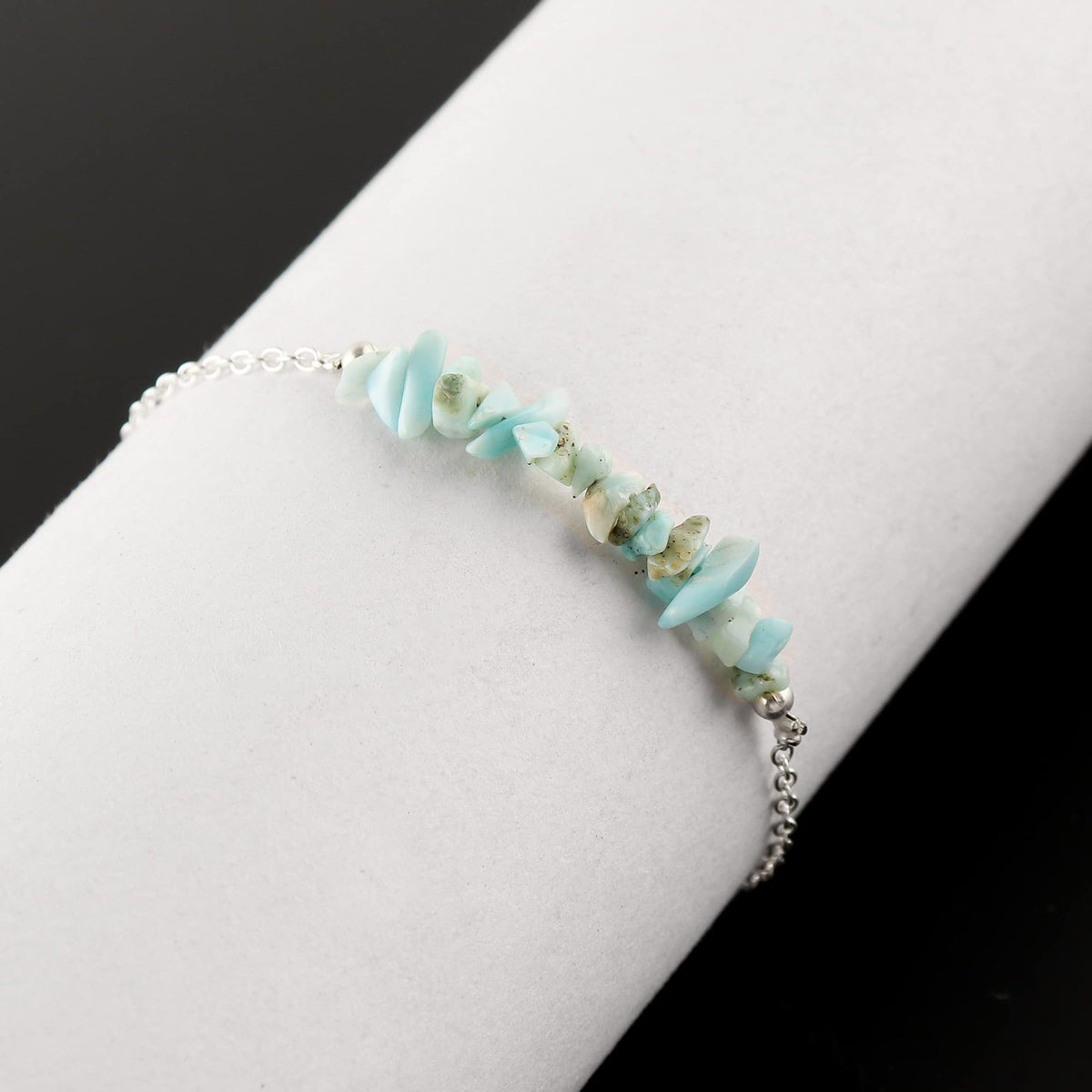 Gemimpression Handmade Larimar Chips Bar Bracelet – Natural Energy Healing Crystals – Silver Plated Adjustable 8 Inch Chain – Christmas Gift