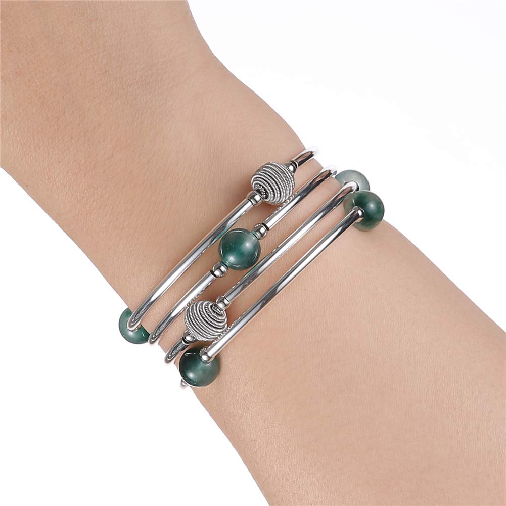 PEARL&CLUB Beaded Chakra Bangle Turquoise Bracelet - Fashion Jewelry Wrap Bracelet with Thick Silver Metal and Mala Beads, Birthday Gifts For Women(63-Jade Green)