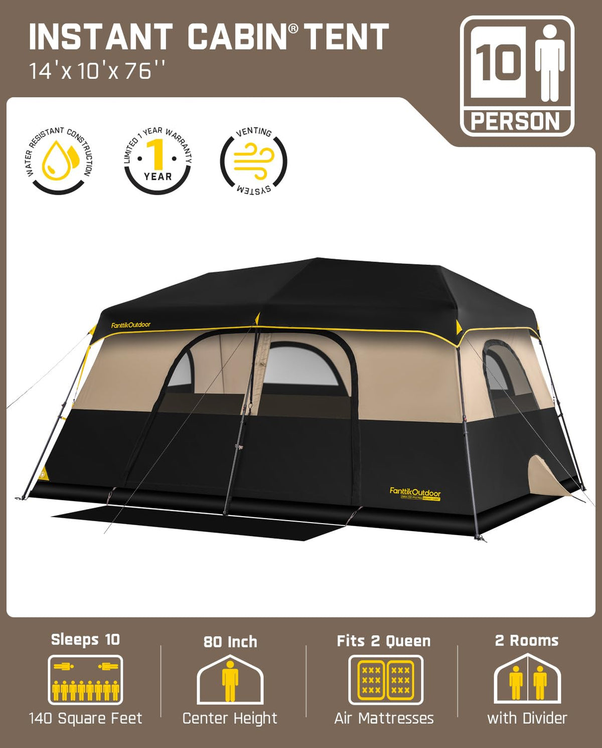 FanttikOutdoor Zeta C10 Pro Max Instant Cabin Tent 10 Person Camping Tent Setup in 60 Seconds with Rainfly & Windproof Portable with Carry Bag for Family Camping & Hiking, Upgraded Ventilation, Khaki