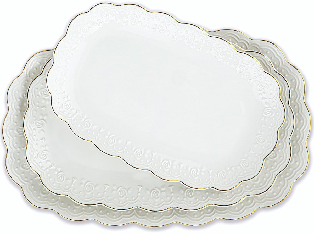 Kassel Ceramic Serving Platter Set | 16”/14”/12” Oval Serving Trays for Entertaining at Parties and Weddings | Oven Safe Extra Large Serving Trays for Tacos, Steak, and Cake