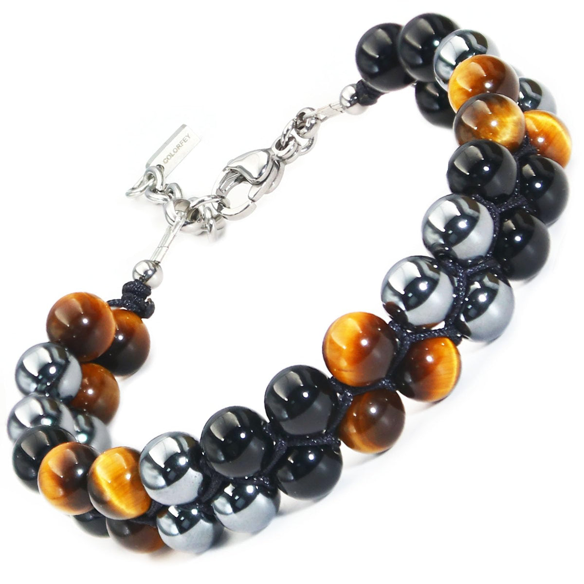 Triple Protection Bracelet for Men, COLORFEY Healing Tigers Eye Obsidian Hematite Stone Bracelet Pyramid Tiger Eye Bead Bracelets 8mm, Premium Handcrafted Stainless Steel Bracelets Luck Gift for Men