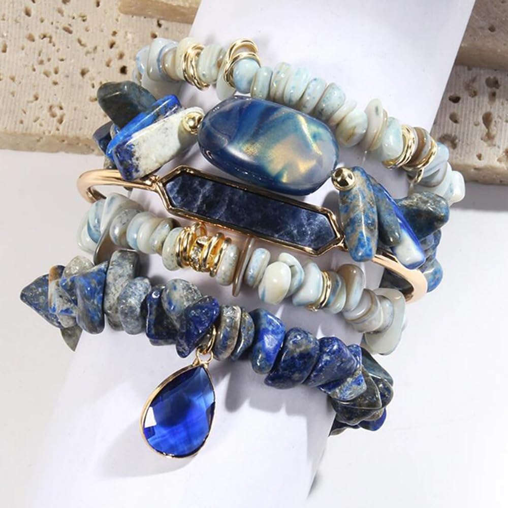 Yomisa 5PCS Natural Boho Beaded Bracelets Bangle for Women Men,Healing Turquoise Tiger eyes Agate Crystal Gemstone Stone Diamond Chakra Multi Wrap Bohemian Handmade Jewelry Beads Stretch Bracelet Set