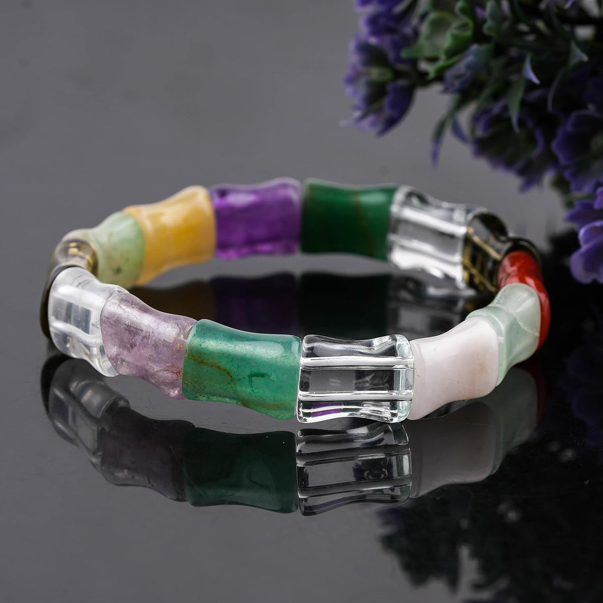 CRYSTALINES 7 Seven Chakra Stretch Braceclet, Natural Gemstones Polished Fancy Stones, Handmade Boho Stretchable Bracelet, Adjustable Wicca & Reiki Healing Crystal Unisex Jewelry Gift