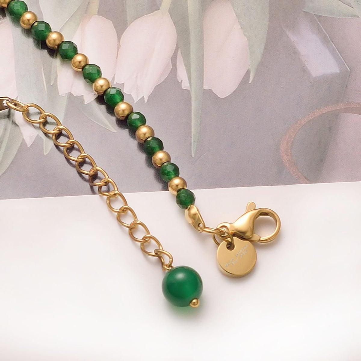 vissen Natural Stone Bracelet for Women Gold Plated Bracelet Beaded Green Agate Stainless steel Adjustable Jewellery