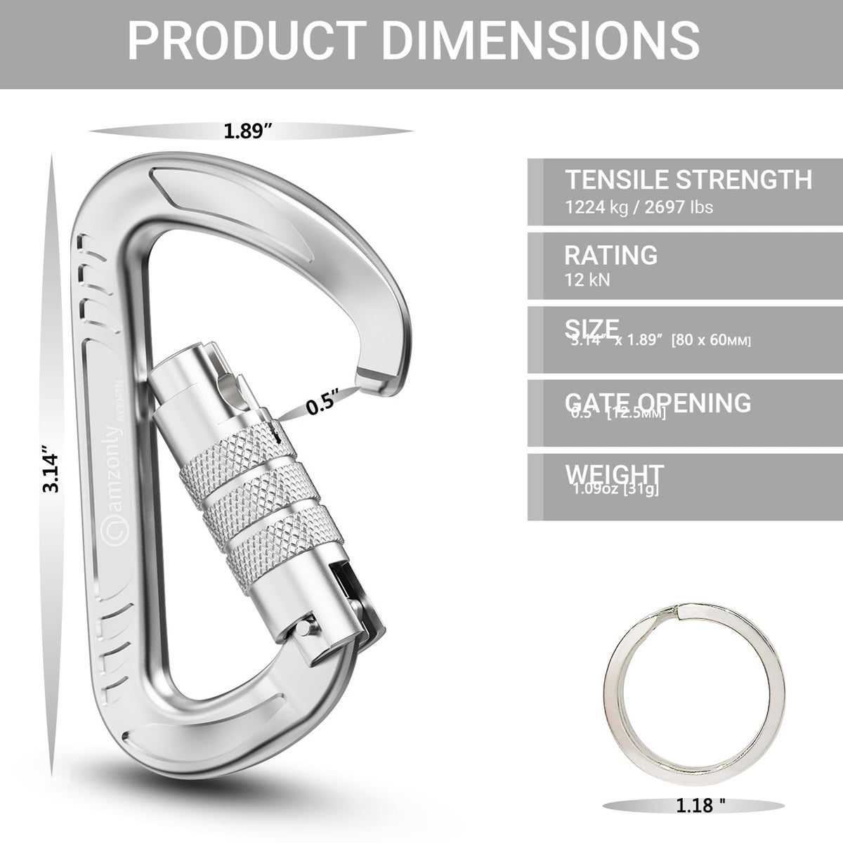 3inch Auto Locking Carabiner Clips Heavy Duty, 12KN /2697lbs Lightweight keychain carabiners, Sturdy Twist Lock Caribeeners for Camping Hiking Hammock Swing Backpack, dog leash and Harness etc, Sliver