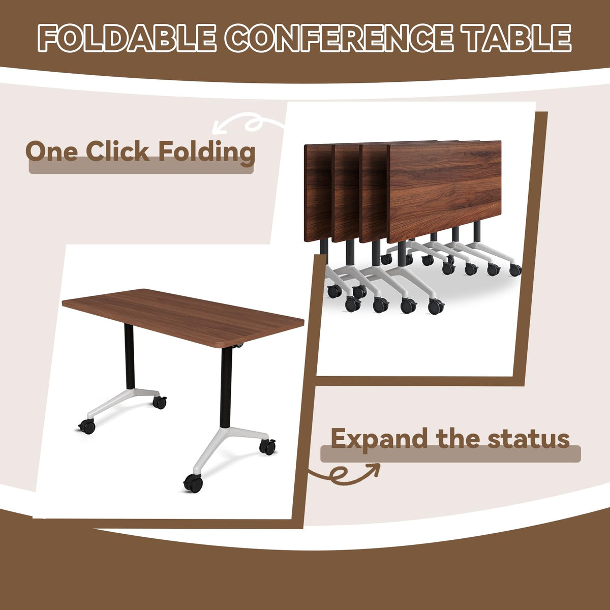 rzoizwko 55.1" Folding Conference Table with Wheels,2 Pack Heavy-Duty Flip-Top Reconfigurable Training Table System,Rolling Conference Room Tables for Office, Classroom & Meeting Rooms