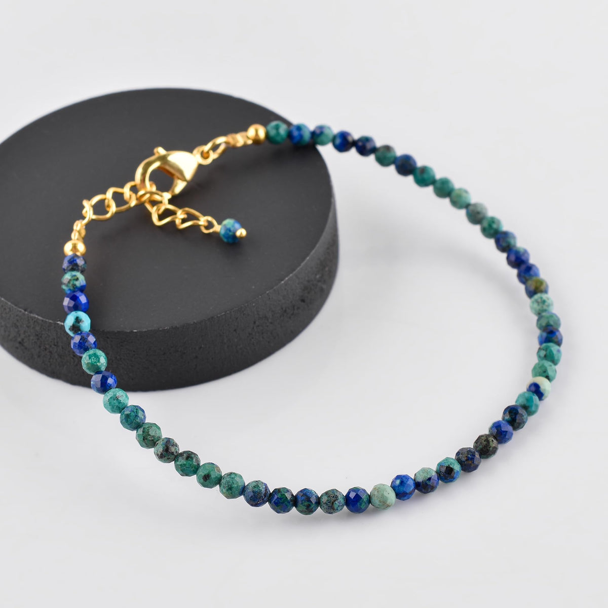 Natural Azurite Gemstone Micro Beads Dainty Bracelet Jewelry for Women, Chakra Energy Crystals, 14k Gold Plated Chain 8 inch Adjustable