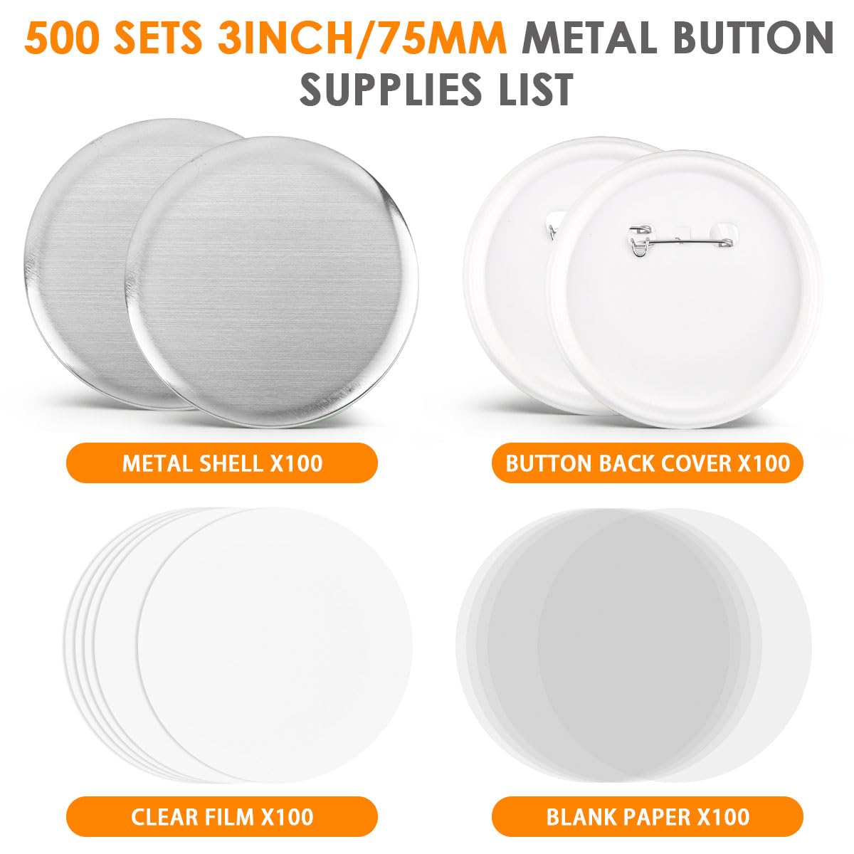 OTYMIOW 100 Sets 3 Inch Button Maker Supplies, 75mm Pin Maker Supplies, Round Badge Parts with Metal Covers, Plastic Pin Backs, Clear Film, Blank Paper, Perfect for Button Maker Machine, DIY Crafts
