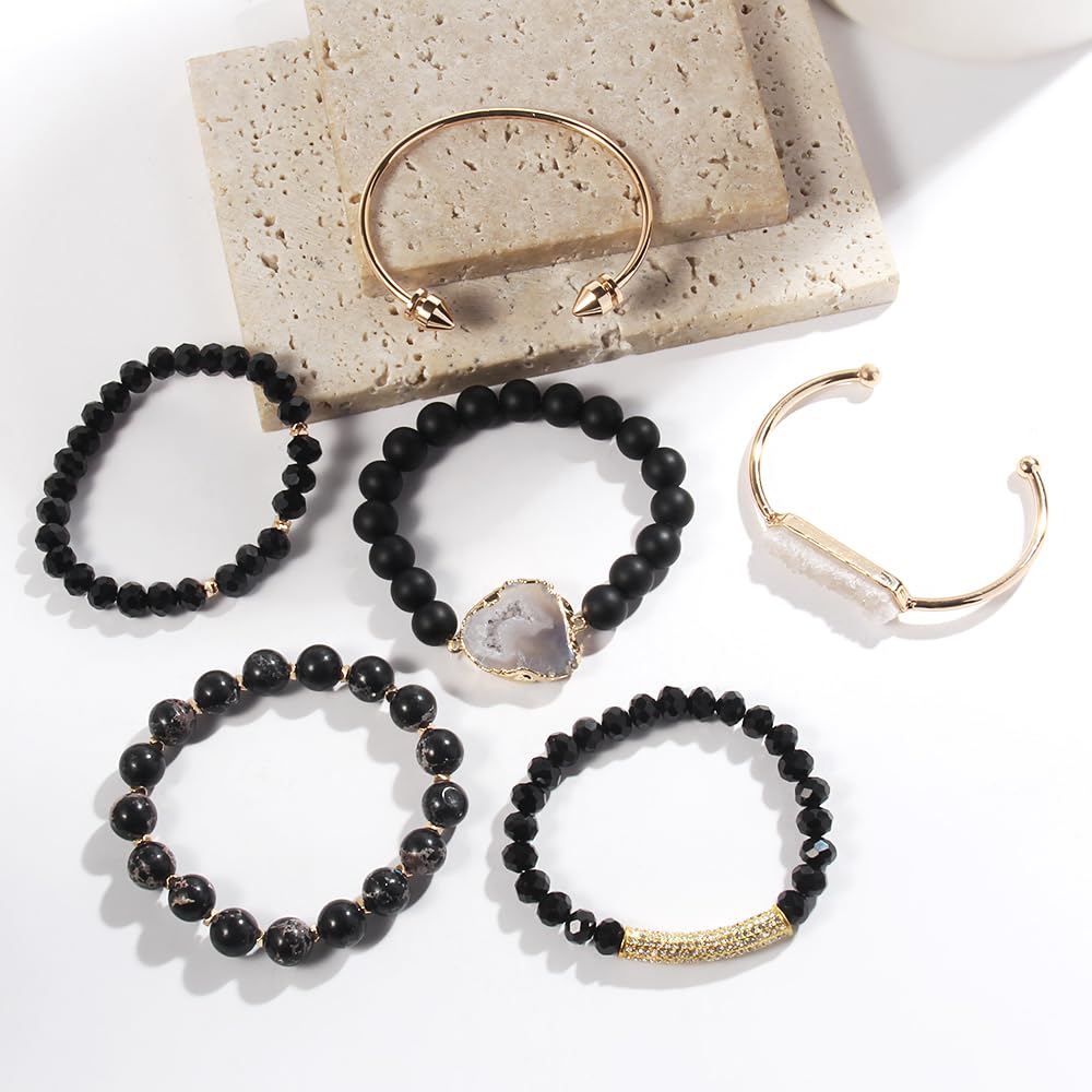 Yomisa 6PCS Natural Boho Beaded Bracelets Bangle for Women,Healing Turquoise Tiger eyes Agate Crystal Gemstone Stone Diamond Chakra Multi Wrap Bohemian Handmade Jewelry Beads Stretch Bracelet Set