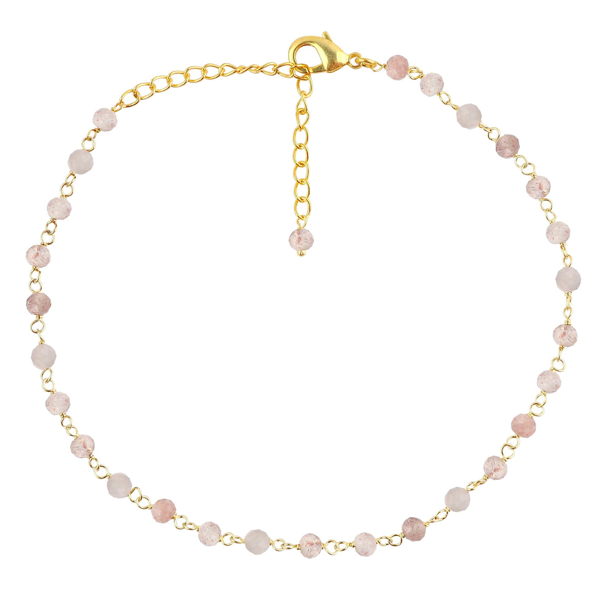 JOR Natural Strawberry Quartz Beaded Rosary Anklet, Handmade Craft, Anklet Beads Bracelet, Chakra Healing Anklet, Gemstone Women Jewelry, Dainty Gold Plated Anklet 9 inch + 2 inch (1pcs)
