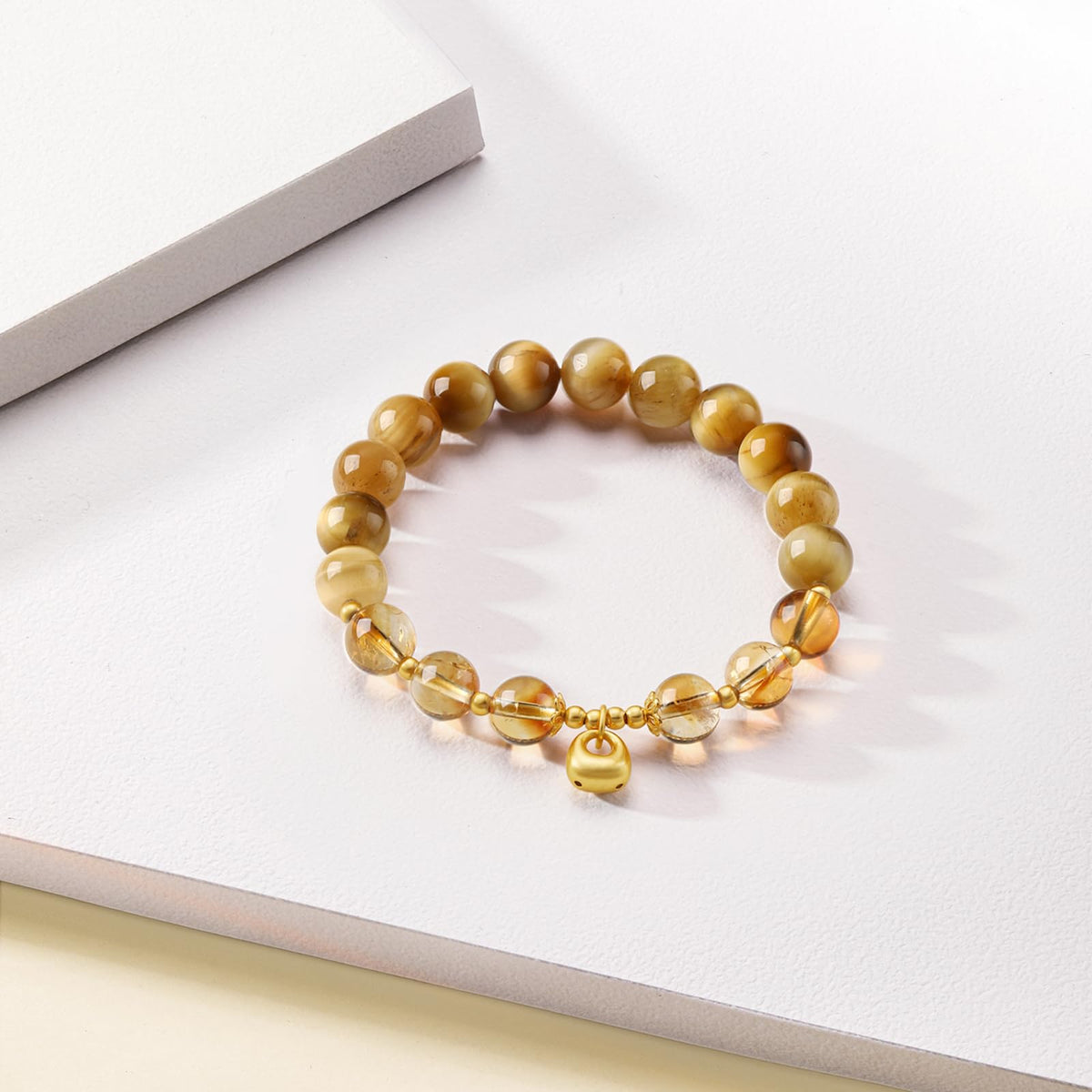 ZHOU LIU FU Sterling Silver Bracelets Silver Natural Healing Yellow Stones Bracelet Lock Pendant Charm Beads Stretch Bracelet for Women Mom Her Anniversary Birthday 6.7"/17CM J1915868