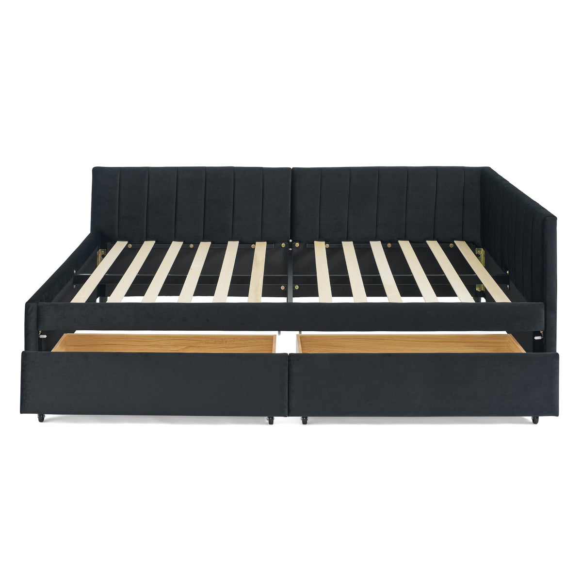 Ball & Cast Full Size Daybed with Two Storage Drawers,Velvet Upholstered Day Bed Frame with Channel Tufted Backrest & Armrest,Wood Slats Support,No Box Spring Needed,for Bedroom Guestroom,Black
