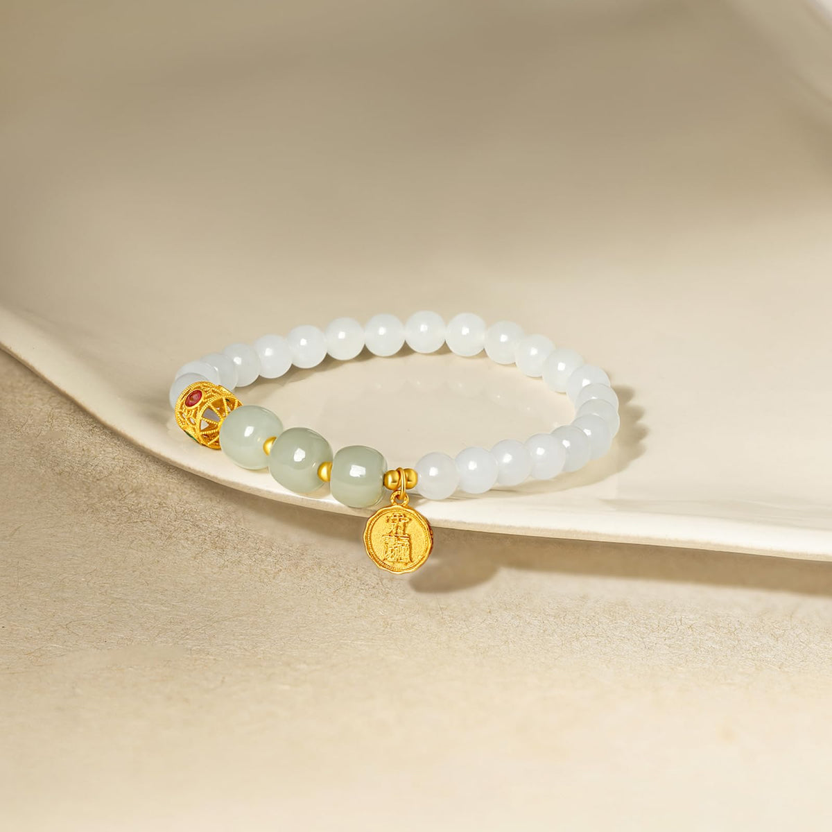 ZHOU LIU FU Sterling Silver Bracelets White Jasper Bracelet Bead Bracelet Green Jasper Round Fortune Charm Bracelet Stretch Bracelet for Women Mom Lover Birthday Aniversary 6.7inch/17cm