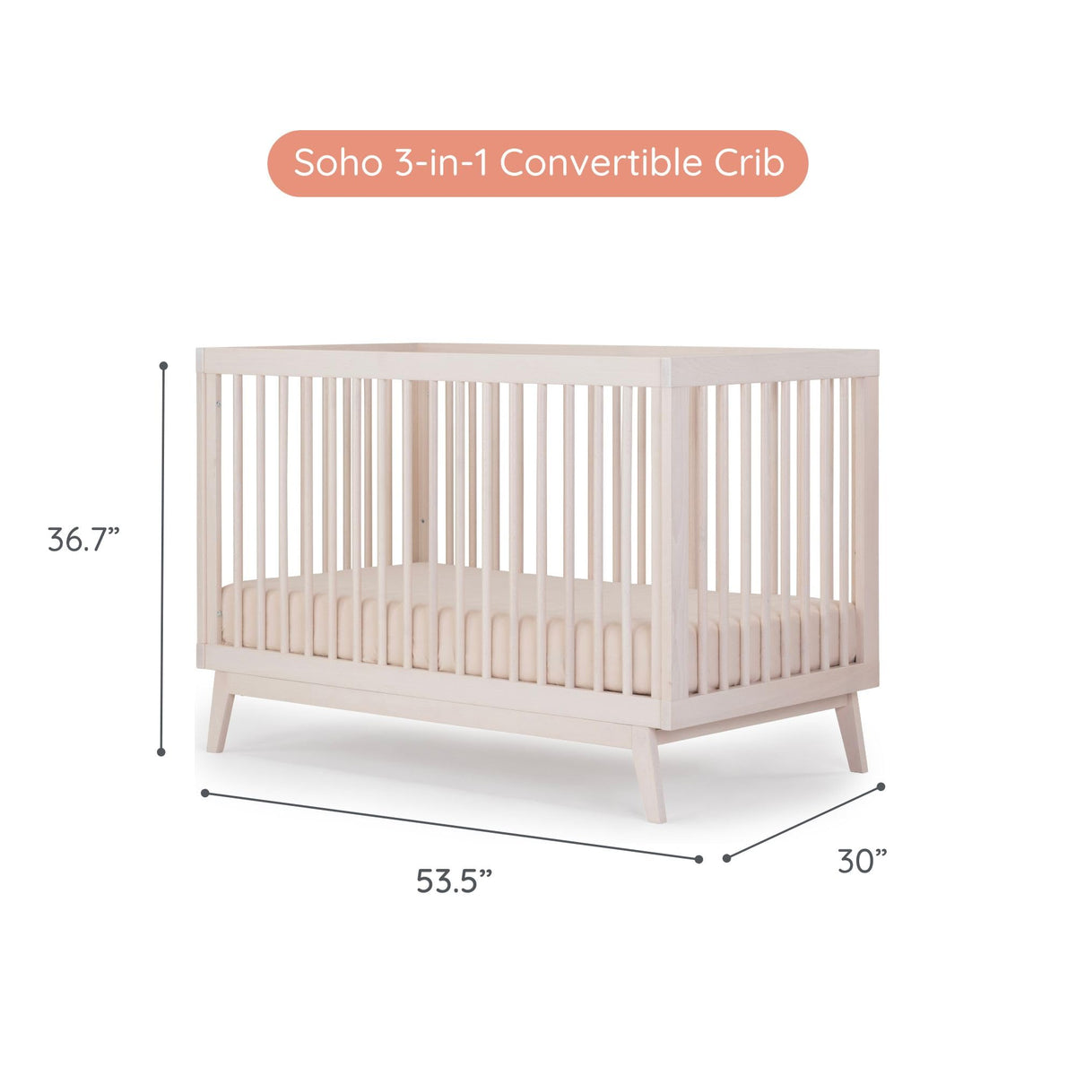 dadada Baby Soho 3-in-1 Convertible Wooden Crib to Toddler Bed - Made in Italy, GREENGUARD Gold Certified, Baby-Safe Finish, Handcrafted Beechwood, Modern Design, 3 Adjustable Heights (Washed Natural)