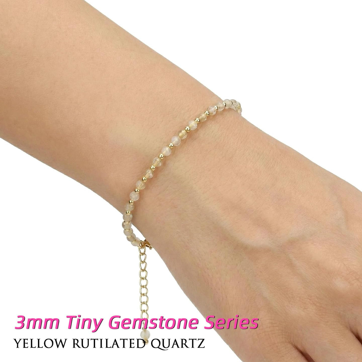 Morchic 3mm Yellow Rutilated Quartz Natural Gemstone Beaded Bracelet for Women, Dainty Charm Jewelry, Adjustable 7.1-8.6", Ideal Birthday Holiday Gift