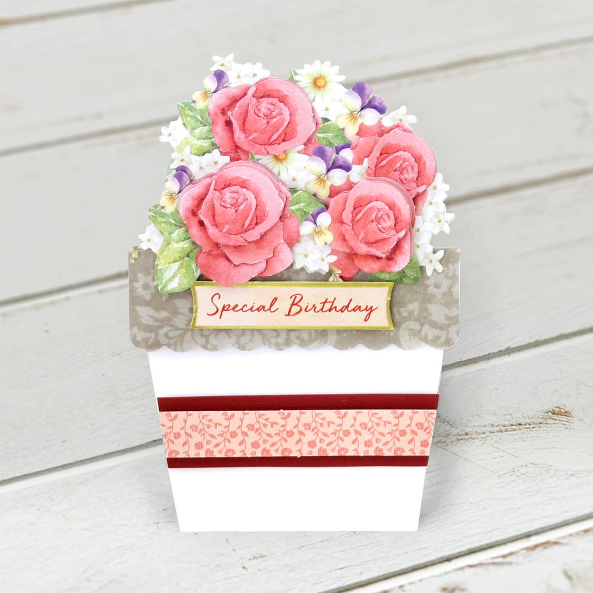 Katy Sue Flower Patch Pots Card Making Kit. 8 Cards, 8 Envelopes, 3 Sheets of Floral Die-Cut Decoupage, Adhesive Pads, & 2 Sheets of Birthday Sentiments Banners for Card Making Supplies