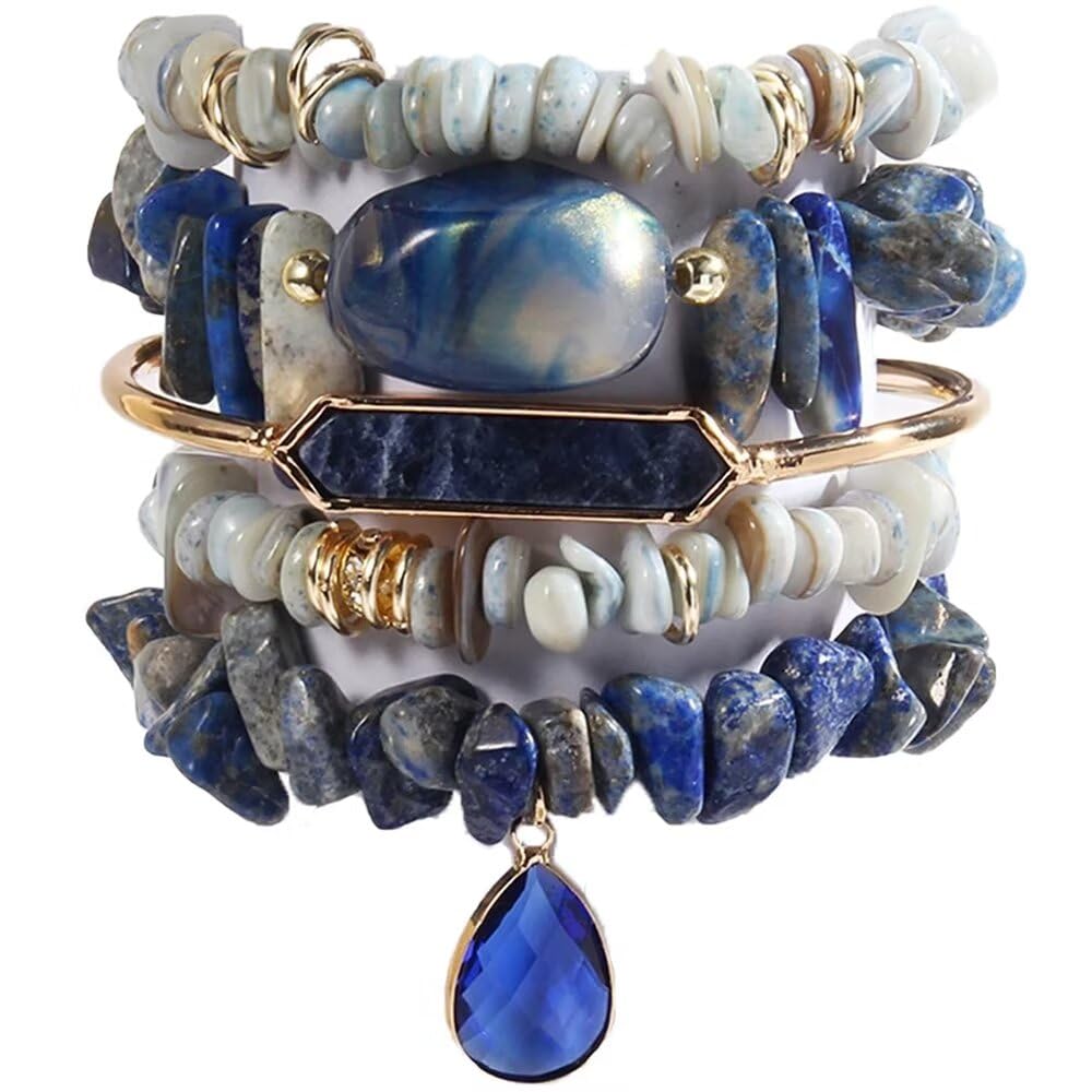 Yomisa 5PCS Natural Boho Beaded Bracelets Bangle for Women Men,Healing Turquoise Tiger eyes Agate Crystal Gemstone Stone Diamond Chakra Multi Wrap Bohemian Handmade Jewelry Beads Stretch Bracelet Set