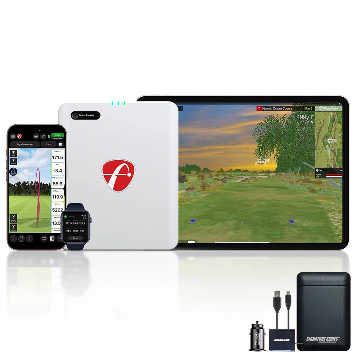 FlightScope Mevo Gen2 Portable Golf Launch Monitor and Simulator | 18 Swing Data Parameters, 8 E6 Simulation Courses, GPS Overview and Shot Tracer | Indoor and Outdoor, Signature Series Power Bundle