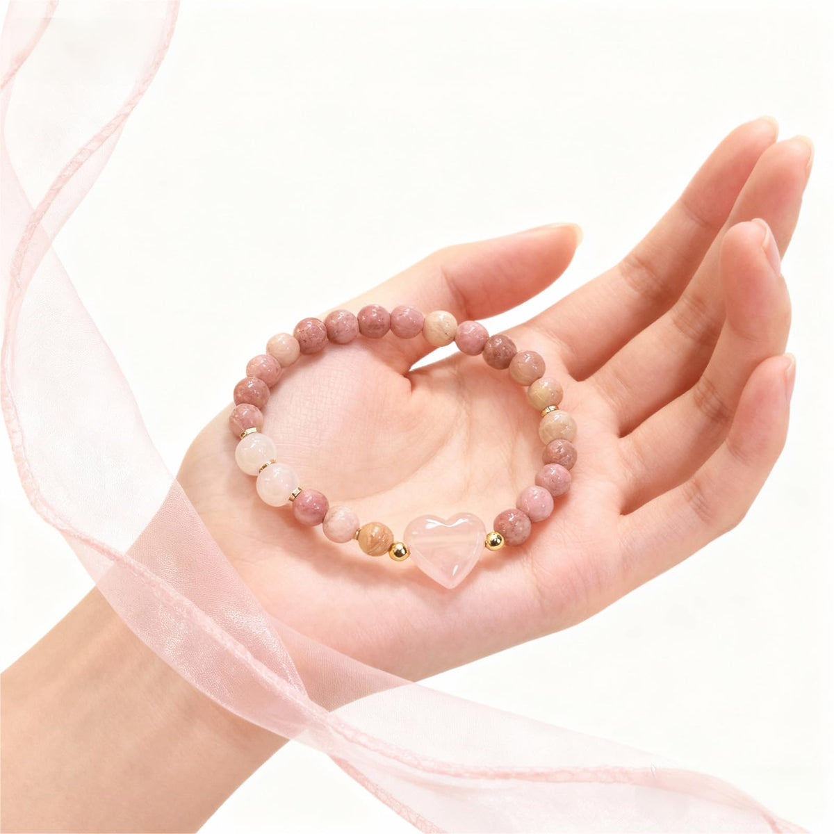 6mmHeart Crystal Beaded Bracelets for Women and Rose Quartz Healing Anxiety Stone Handmade Pink Natural Stone Bracelet Stretch Bracelet Gemstone Reiki Spiritual Valentine DayJewelry Gifts(Rhodonite)