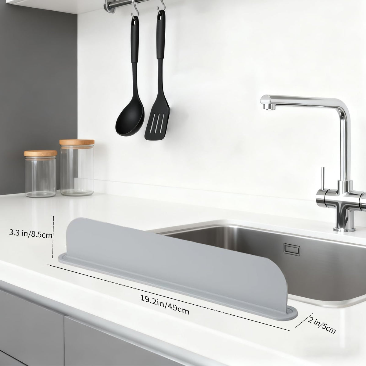 19.2inch(49cm) Silicone Sink Splash Guard, Sink Splash Guard with Suction Cup,Kitchen Sink Water Splash Guard, Kitchen Sink Splash Guard that Can Be Placed Behind (1, Gray)