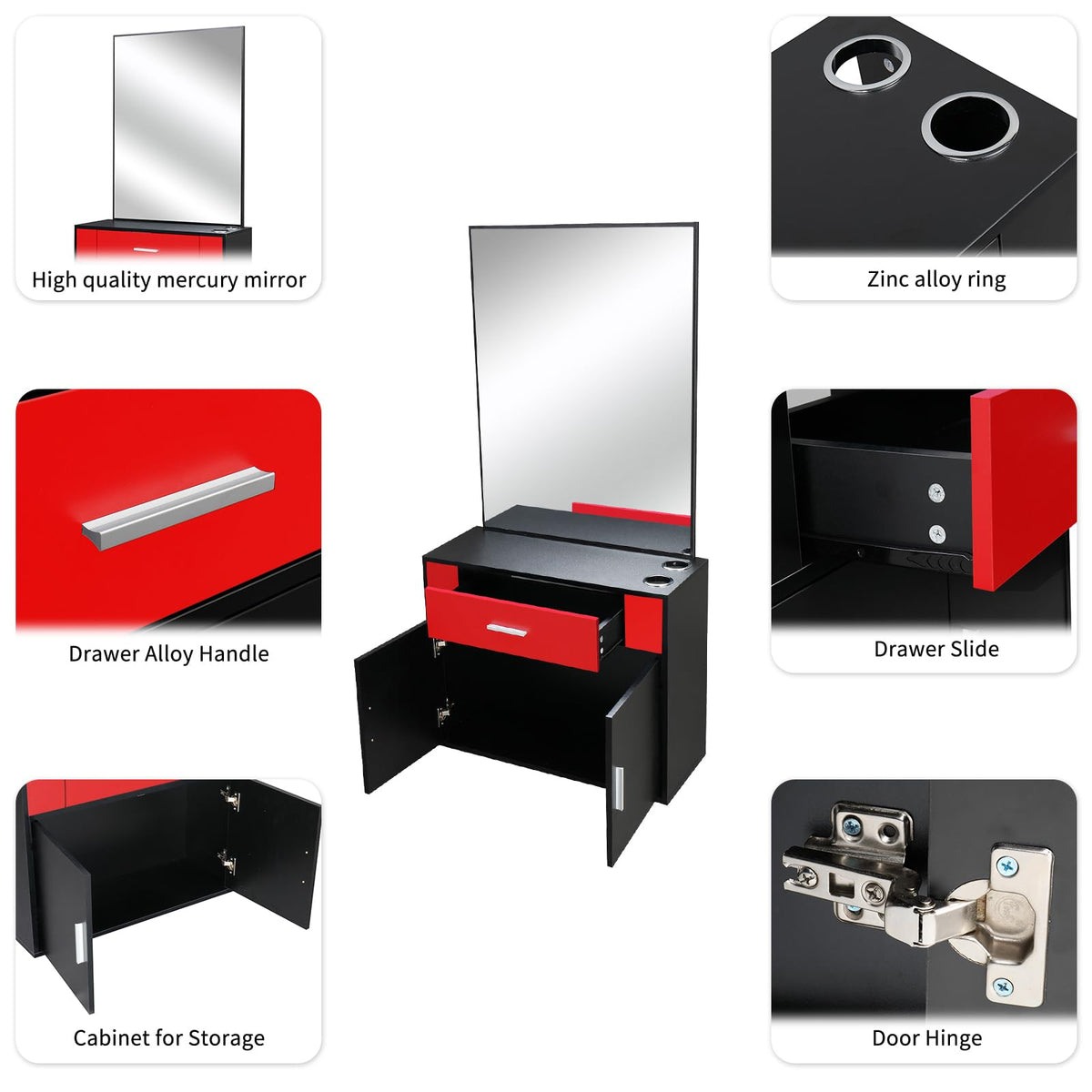 Black Salon Station Makeup Wall Mount Hair Styling Beauty Spa Equipment Set with Mirror Utility Drawer, Storage Cabinet Vanity Set with Mirror Make up Table Spa Beauty Styling Barber Station Equipment
