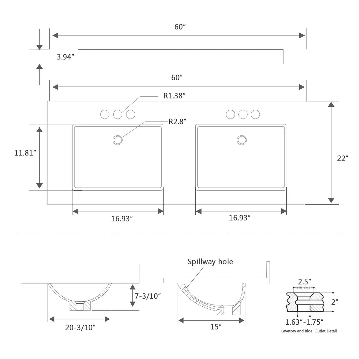 EQLOO 60 Inch Engineered Stone Bathroom Vanity Sink Top, with Undermount Rectangular Double Sinks, Vanity Countertop with 8 inch Faucet Hole Spacing and Backsplash in Lightning White