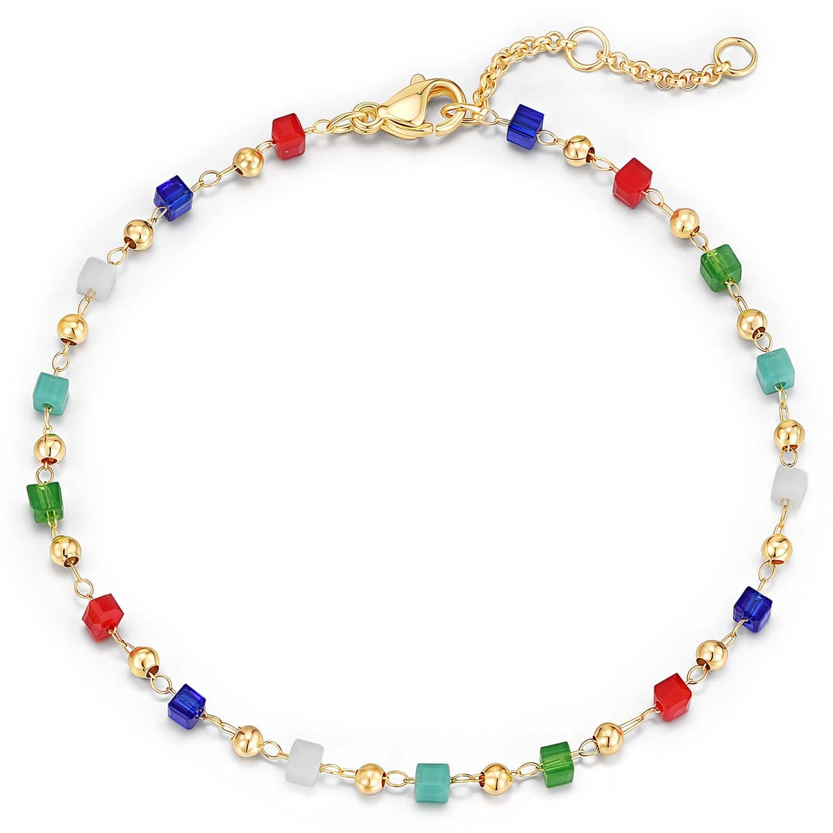MEVECCO Gold Bracelet for Women 18K Gold Plated Colorful Square Crystal Stone Custom Handmade Mixed Beaded Charm Chain Bracelet Stack Jewelry Gifts