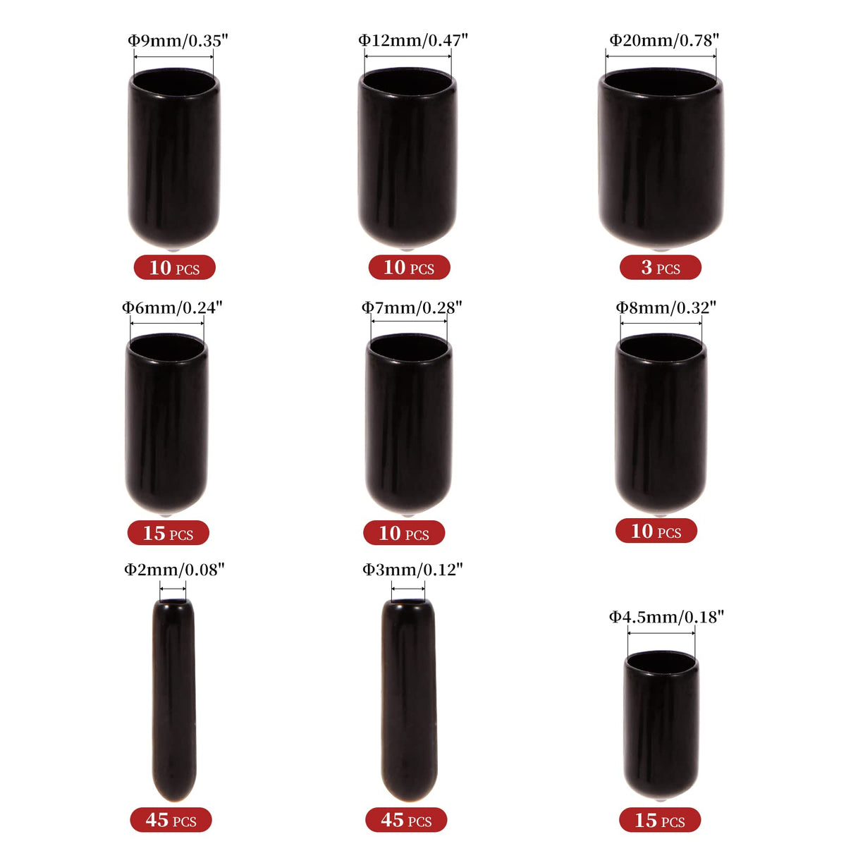Aleric 163pcs Rubber End Caps,Round Bolt Covers Caps,Vinyl End Cap Screw Thread Protectors,Rubber Screw Cover Bolt Cap for Metal Tube Rod Bolt in Size 2mm 3mm 4.5mm 6mm 7mm 8mm 9mm 12mm 20mm(Black)