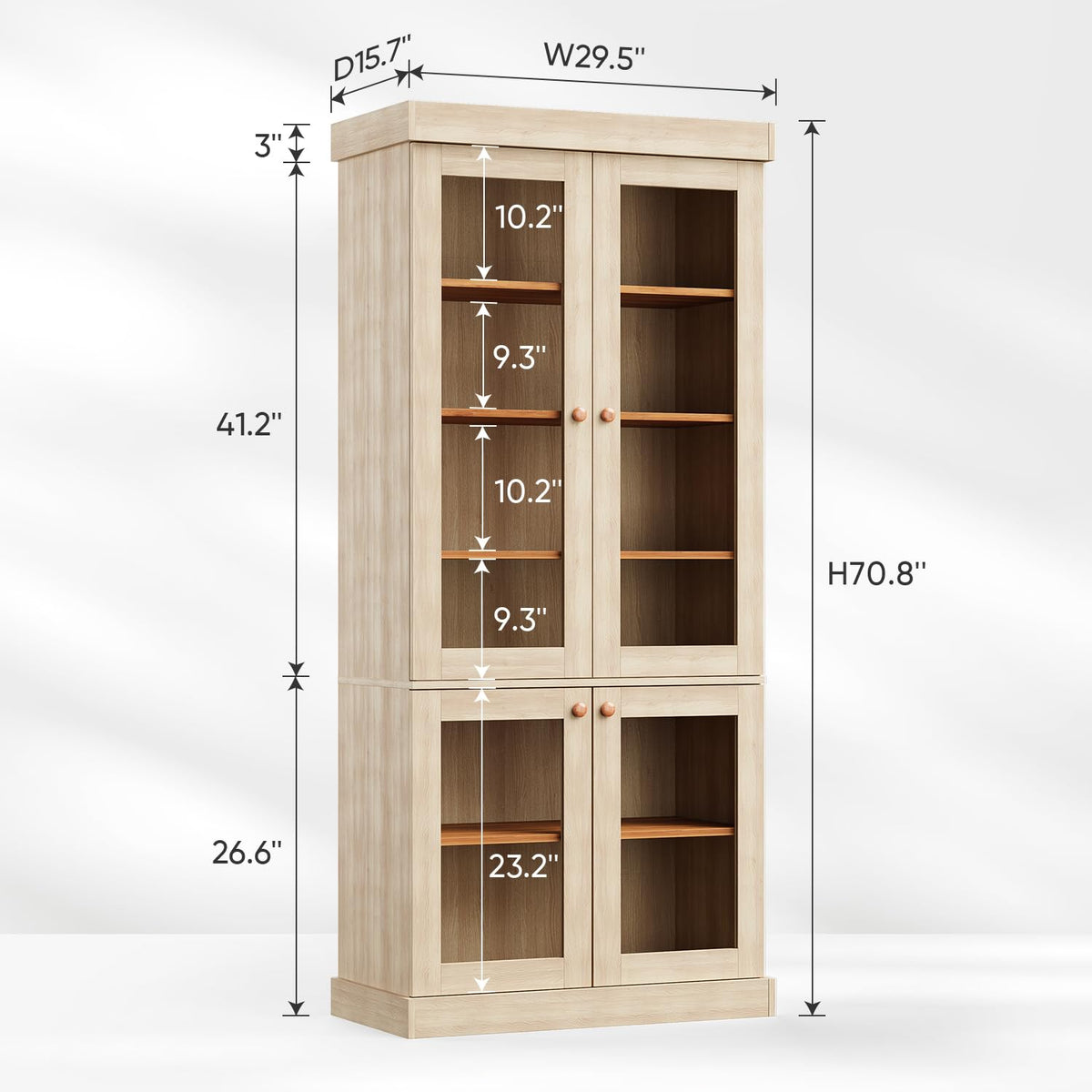Vyre 70.8" Tall Brown Bookshelf with Glass Doors, Farmhouse Modular Bookcase with 6-Tier Adjustable Shelves, Large Storage Cabinet for Living Room and Home Office