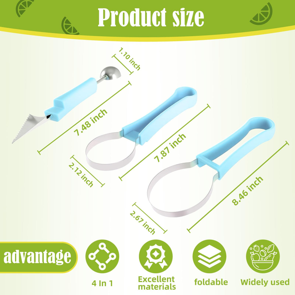 Suuker Melon Baller Scoop Set,Professional 4 In 1 Stainless Steel Fruit Carving Tools Knife Kit, Watermelon Knife for Ice Cream Melon,Dig Pulp Separator Fruit Slicer (Blue)