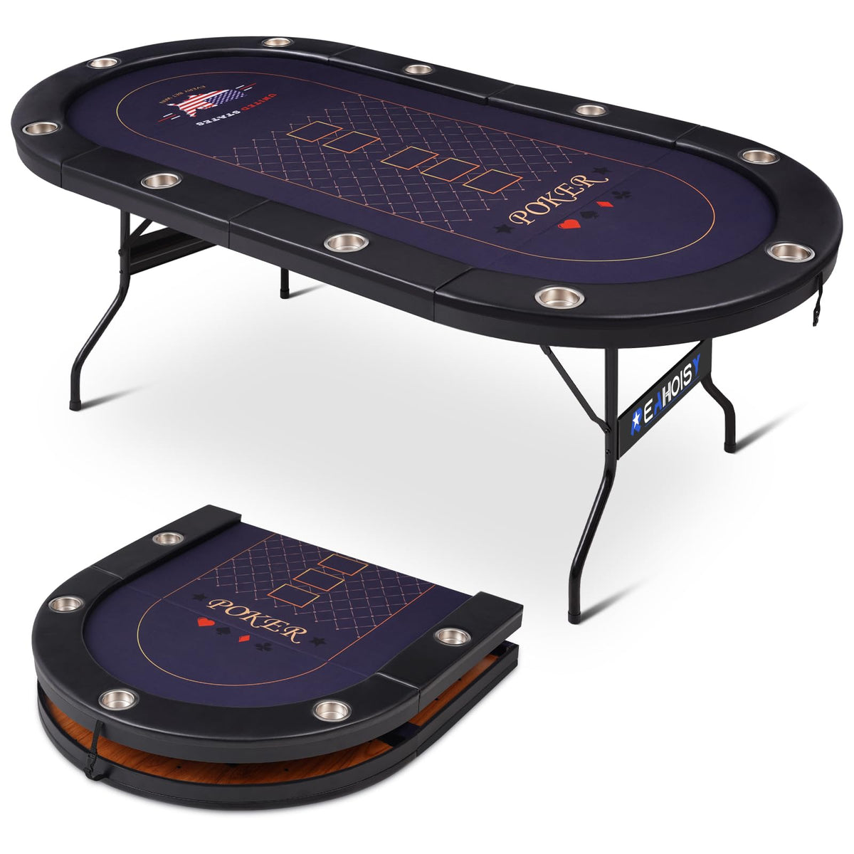 REAHOISY 10 Player Poker Table Foldable, Folding Texas Holdem Casino Table with Padded Rails & Cup Holders, Portable Poker Game Table for Home or Game Room, 84 Inch