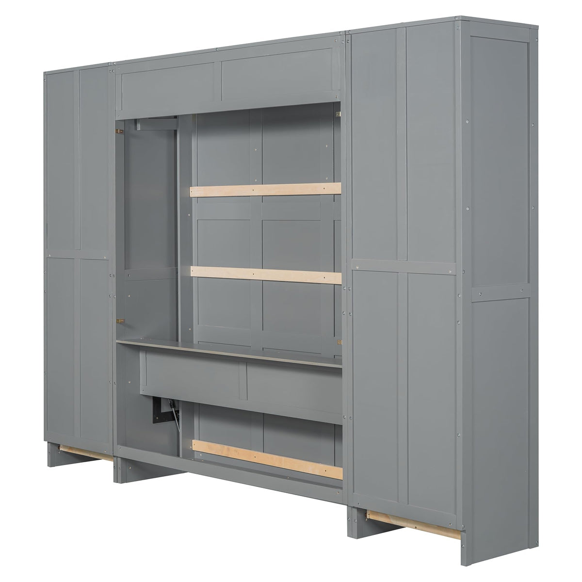 Merax Murphy Bed Queen Size, Built-in Shelves, Storage Drawers and Wardrobe, Wood Folding Wall Bedframe for Guest Room, Home Office, Grey