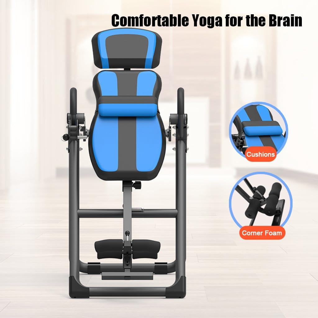 Folding heavy-duty inversion table with a capacity of 330 lbs, with removable shoulder rest and lumbar support