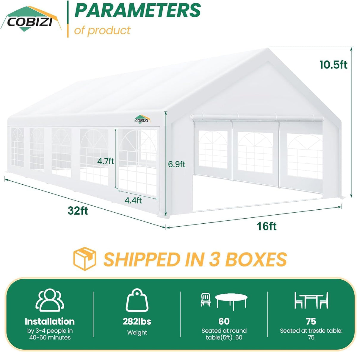 COBIZI 16x32FT Party Tent Heavy Duty White Event Shelter Outdoor Wedding Gazebo Canopy for Parties Carport BBQ Commercial with Removable Sidewall Windows, Powder Coating (Better Than Galvanized)