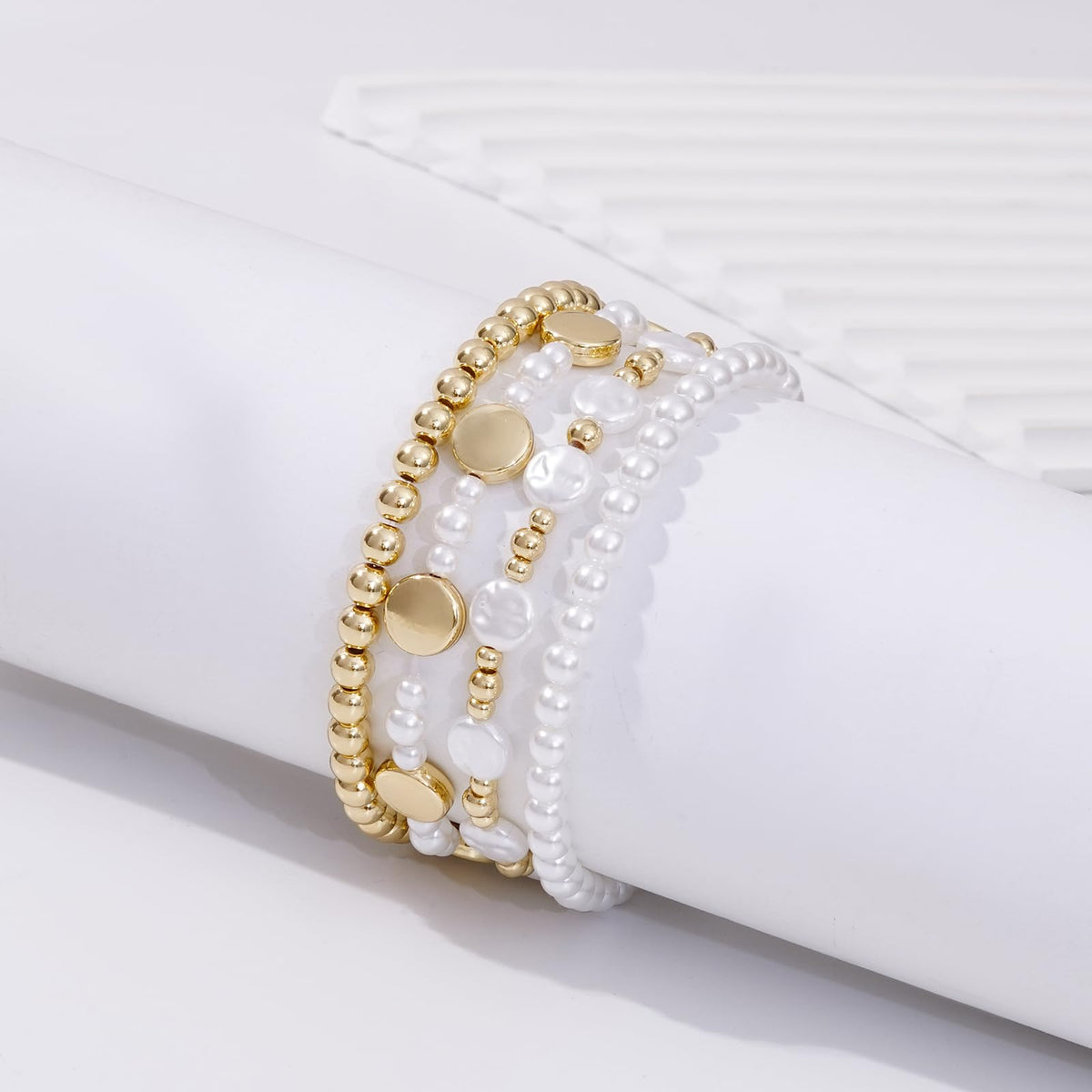 Sajidos Gold Plated Beaded Bracelets for Women Trendy, 14K Gold Plated Stack Cross Pearl Gold Plated Bead Stretch Bracelets Set Elastic Hypoallergenic Bracelets Jewelry Gifts