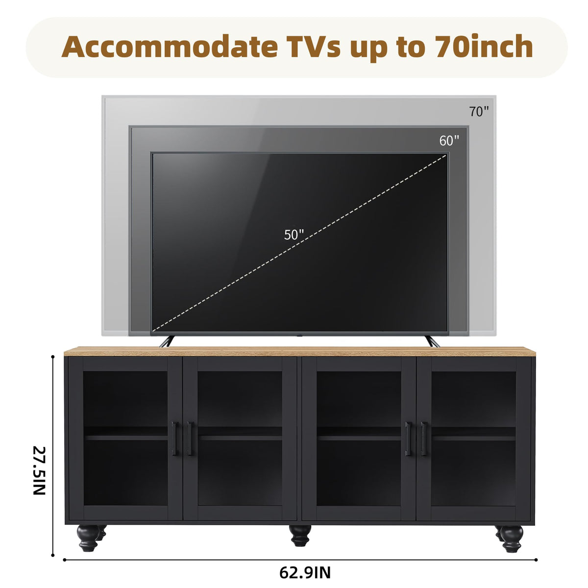 Ball & Cast Farmhouse TV Stand with Tempered Glass Doors for TVs up to 70",Sideboard Buffet w/5 Solid Wood Gourd-Shaped Legs & Adjustable Shelf,Entertainment Center for Living Room,Black+Natural