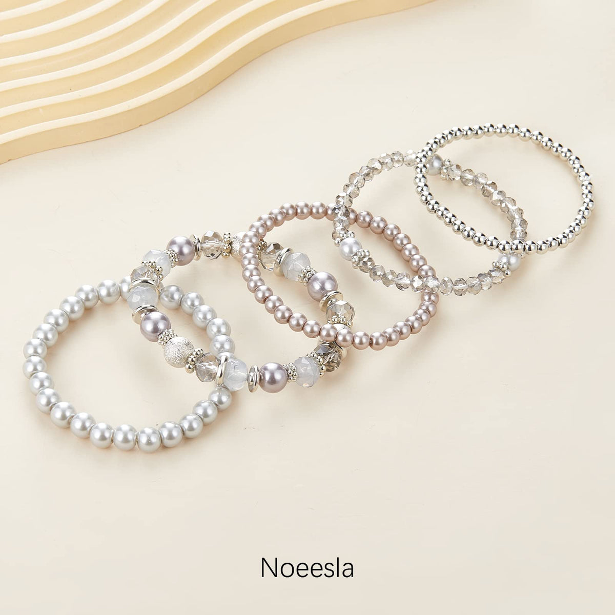 Noessla Beaded Pearl Stretch Bracelet Silver Stackable Crystal Beads Bracelets Trendy Costume Jewelry Mothers Day Gifts for Women(Grey)