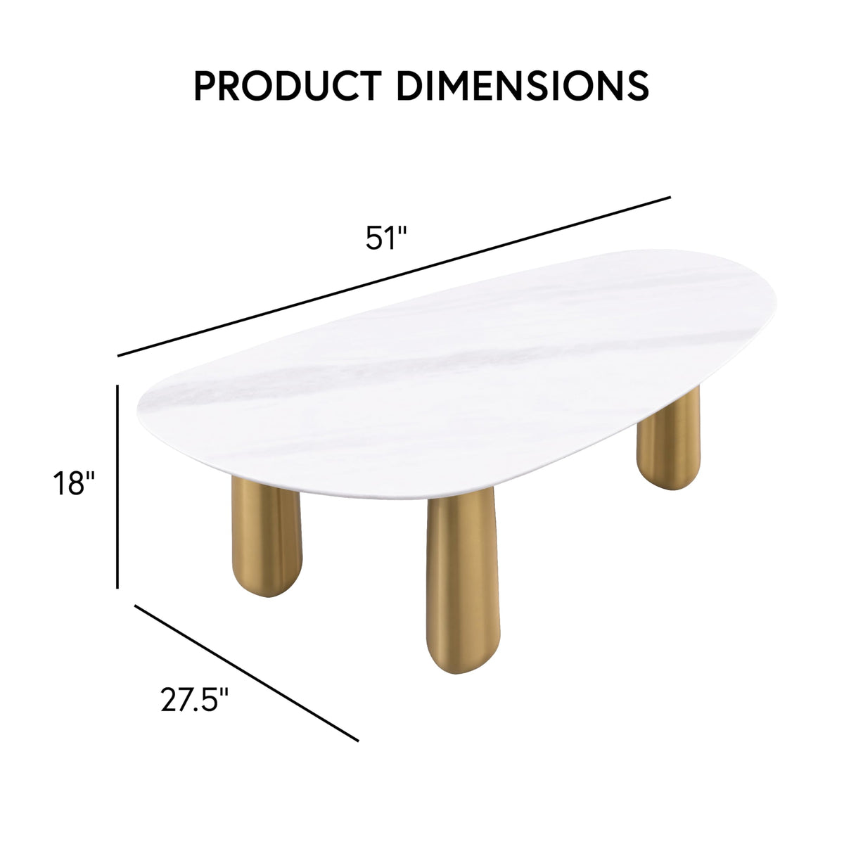 Furniture of America Gavora Modern 51-inch Oval Sintered Stone Top Coffee Table with Gold Triple Pedestal Legs for Small Space, Living Room, Home Office, White