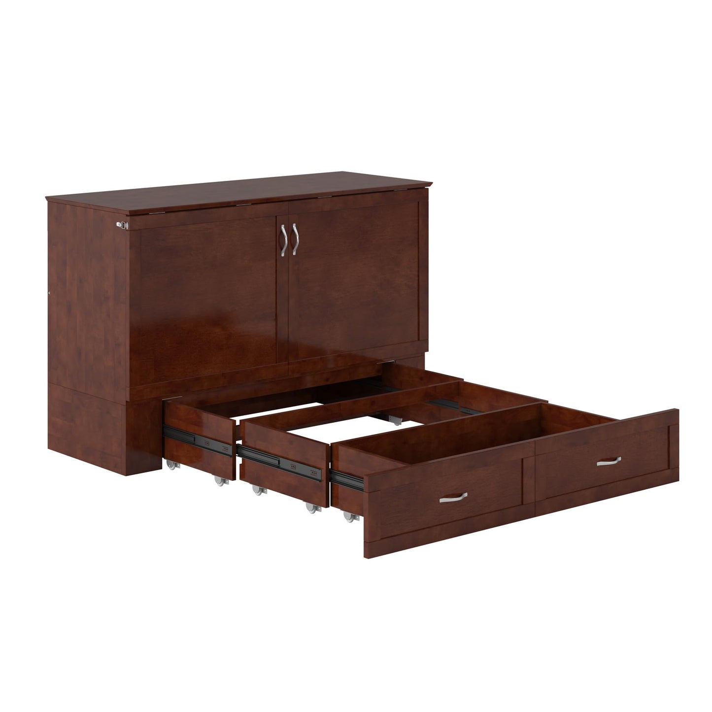 AFI, Raleigh Modern Queen Solid Wood Murphy Bed Chest with 6" Mattress, Storage Drawer & Built-in USB Charger, Walnut