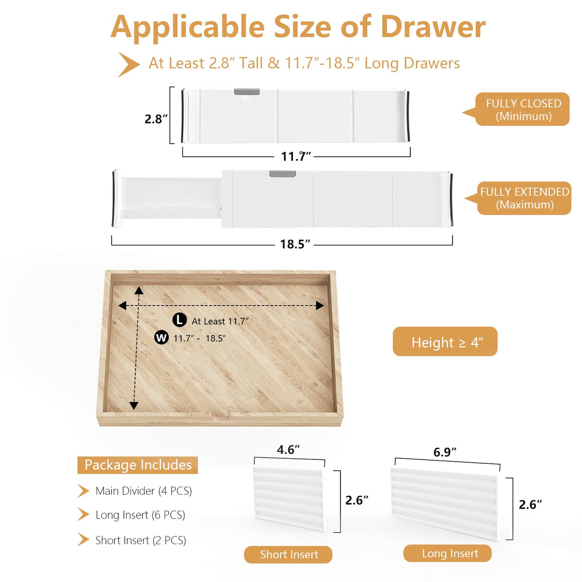 KABUM Upgrade Adjustable Drawer Divider Organizer Clothes Dresser Organizer,Expandable Organization for Home, Office,2.8" High Expandable from 11.7" to 18.5",4 Dividers with 6 Long and 2 Short Inserts