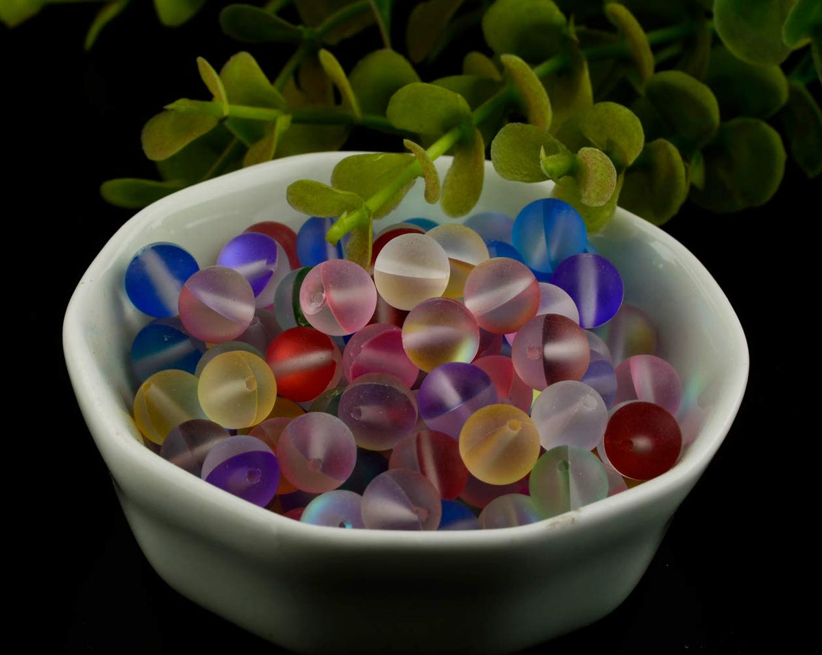 Matte Aurora Crystal Glass Beads 100pcs 10mm Flash Glitter Shining Mermaid Round Loose Aura Bead Frosted Moonstone for Jewelry Making