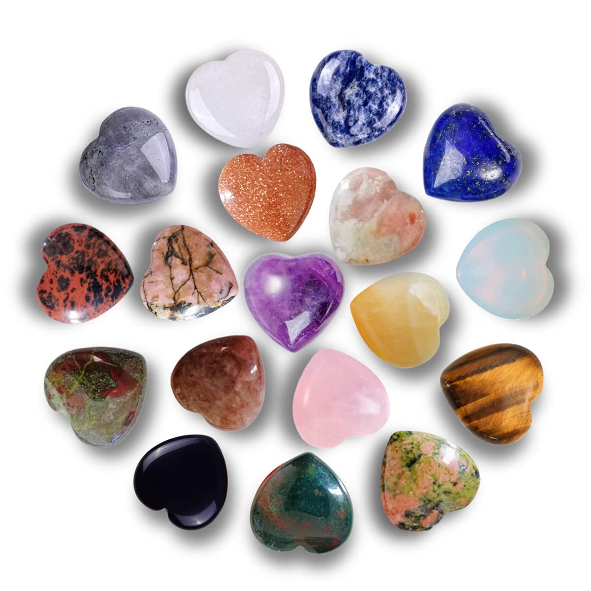 XMHOME Crystal Heart Shaped Stones Set Assorted Natural Variety Pack Gemstones 1" (25 * 25 * 12mm) Pocket Worry Palm Stone Rock Collection Box for Healing Reiki Jewelry Making Home Decor 18Pcs