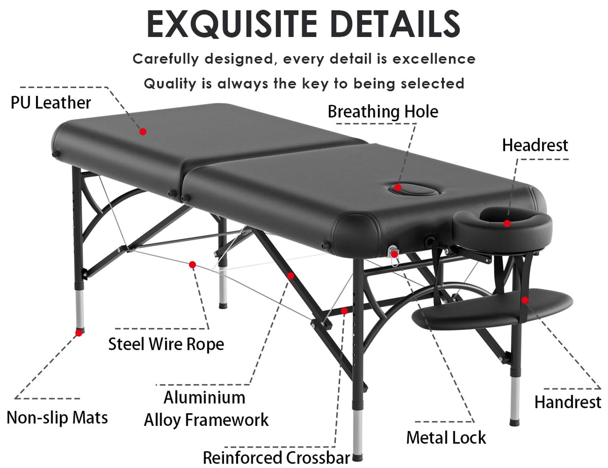CLORIS 84" Professional Massage Table Portable 2 Folding Lightweight Facial Salon Spa Tattoo Bed Height Adjustable with Carrying Bag & Aluminium Leg Hold Up to 1100LBS Black Widen