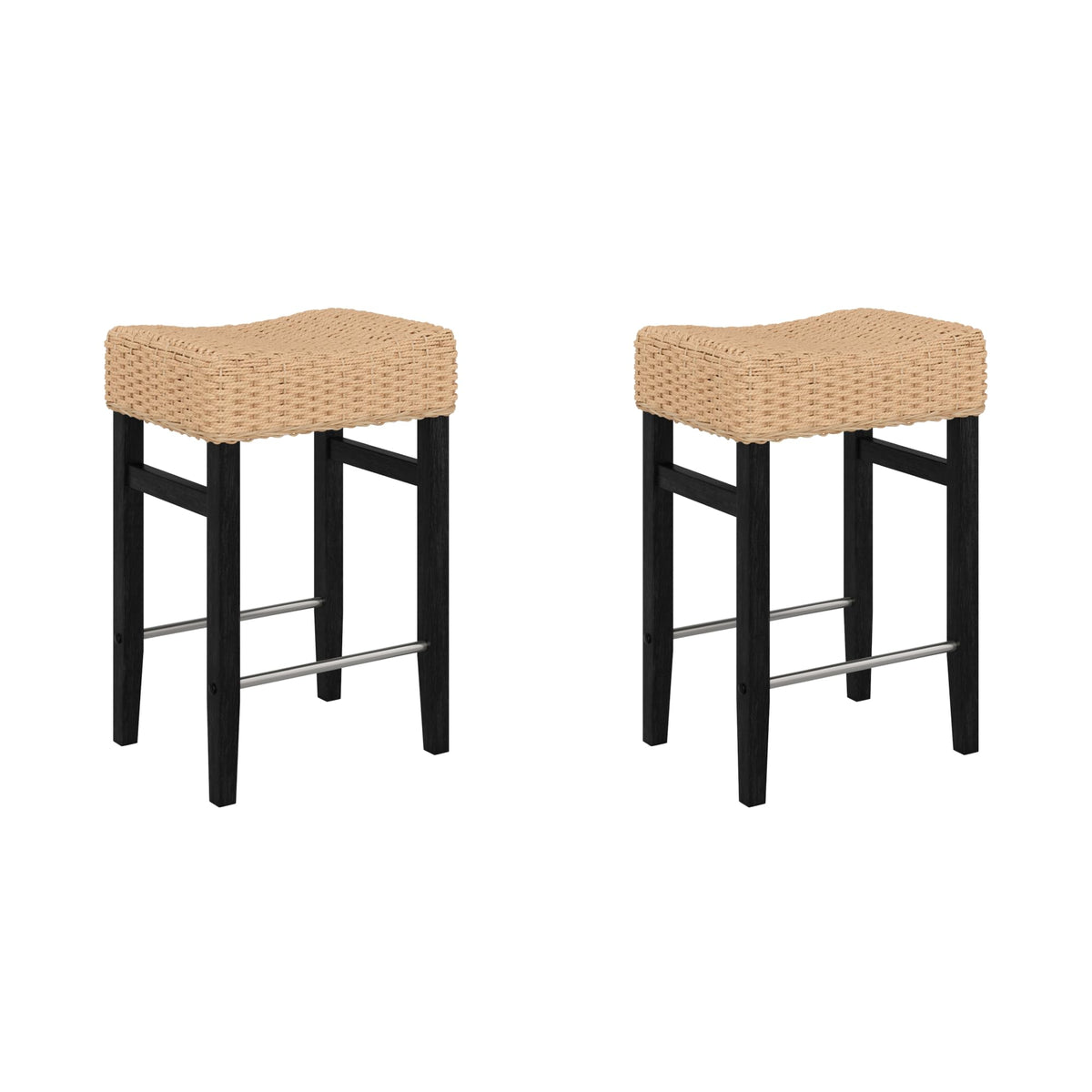 Nathan James Harvey Rattan Bar Stool, Bohemian Counter Height Stool with Woven Seagrass Seat, Solid Wood Legs, and Metal Footrest Seagrass/Brushed Black, Set of 2