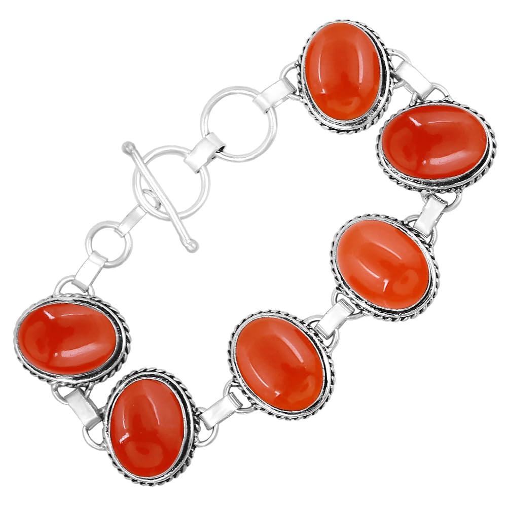 Natural Carnelian Silver Plated Handmade Link Bracelet for Women - July Birthstone Oval Gemstone Adjustable Bracelet Vintage Style Jewelry - Wedding Christmas Gifts for Her